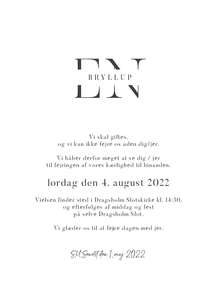 
                OBS! Monogrammet i toppen bliver rettet til af os, så BRYLLUP står med grøn baggrund ligesom i eksemplet. Smuk mørke grøn invitation til dit bryllup. Denne invitation er meget klassisk og elegant. Brug bagsiden af bryllupsinvitationen til mere praktiske oplysninger eller program for bryllupsdagen.  Til selve dagen kan også laves matchende elementer såsom velkomstskilt, salmehæfter, bordkort, menukort mm i samme design som invitationen.                